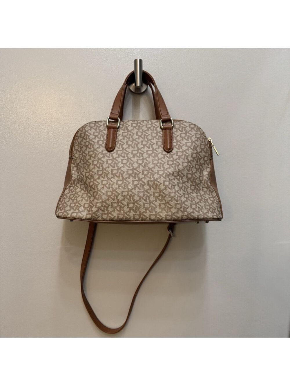 DKNY Heritage Coated Logo Satchel Crossbody Brown Cream w/ Hang Tag EUC